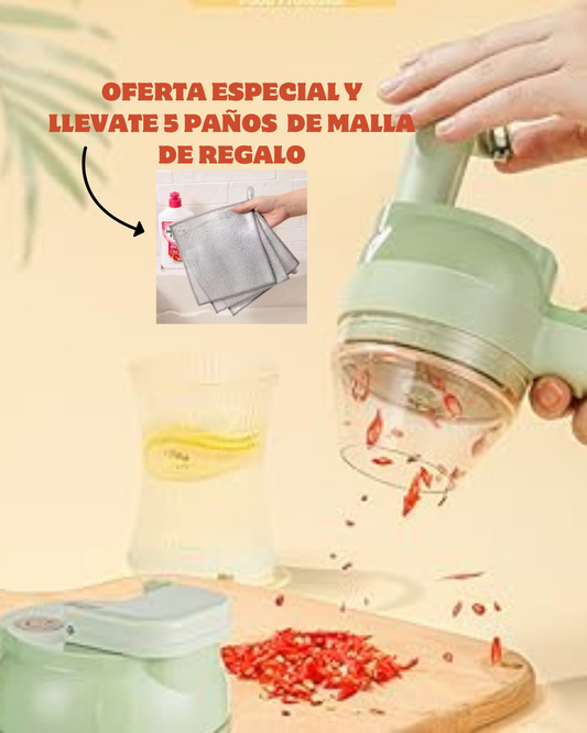 CORTADOR DE VERDURAS ELECTRICO 4 EN 1 +  5 paños de malla de alambre de regalo